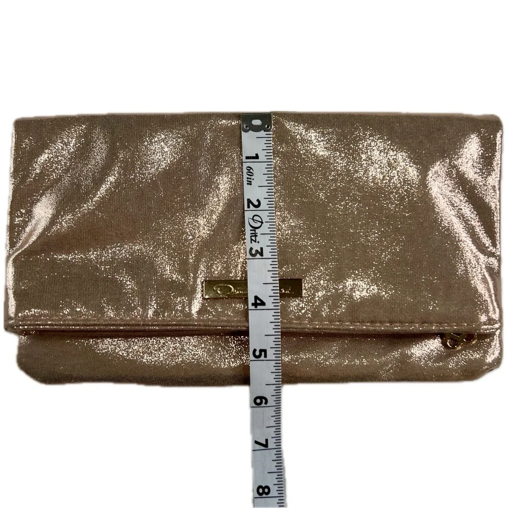 Oscar de la Renta Clutch Foldover Zipper Cocktail Purse Luxe Metallic Rose Gold